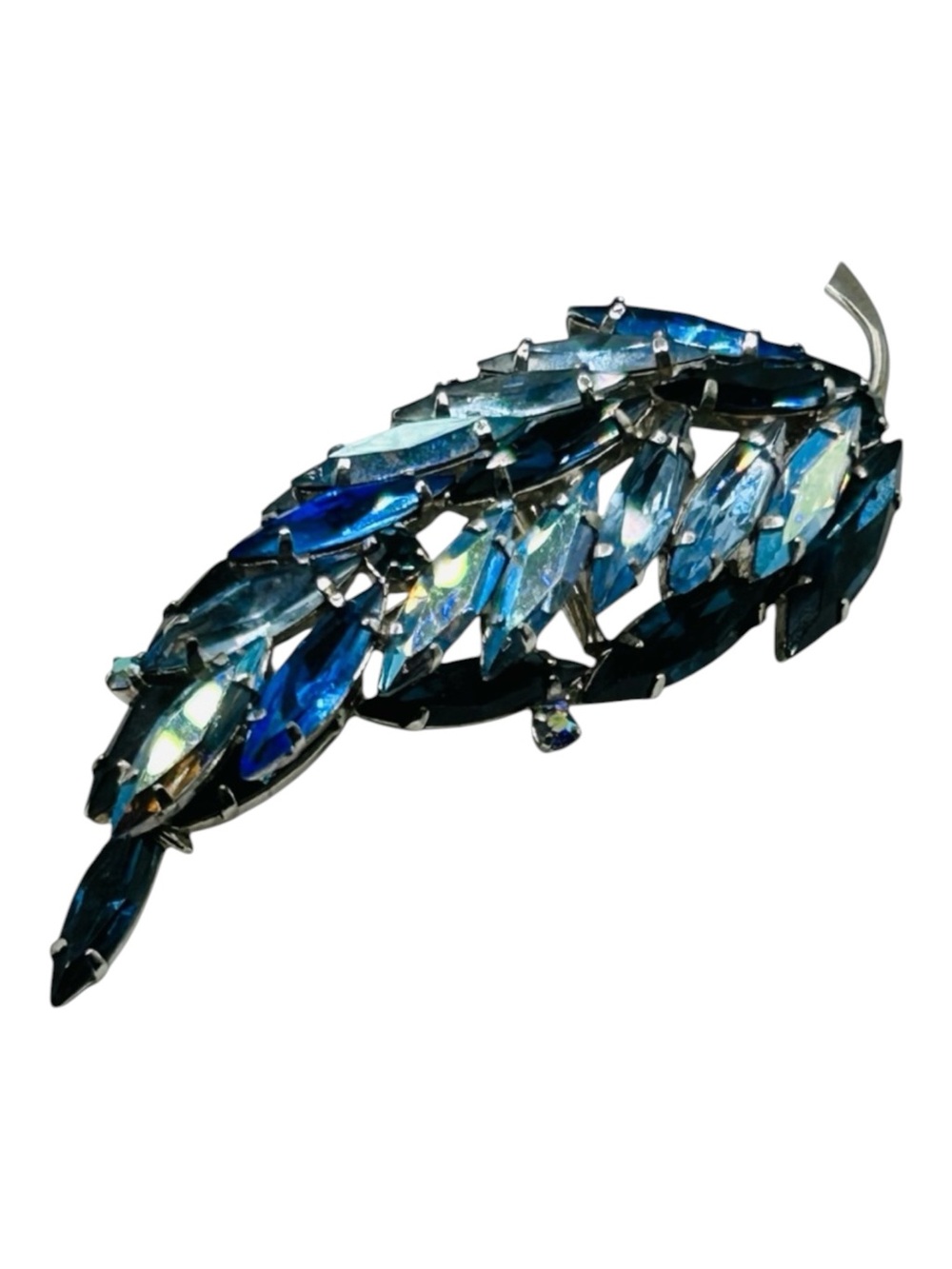 Vintage Austria Blue Rhinestone Leaf Brooch
